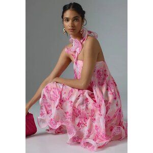 Anthropologie Mandira Wirk Floral Halter Swing Dress Womens Size L Wedding Guest